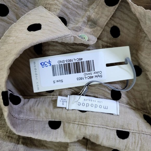 Mododoc Womens S Tan Black Polka Dot Gauze‎ Knit Button Front Oversized Popover - Picture 6 of 6